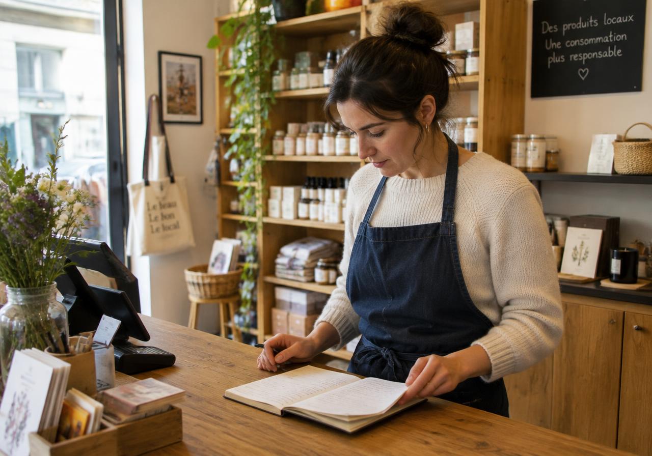Commerçante consultant son carnet au comptoir de sa boutique